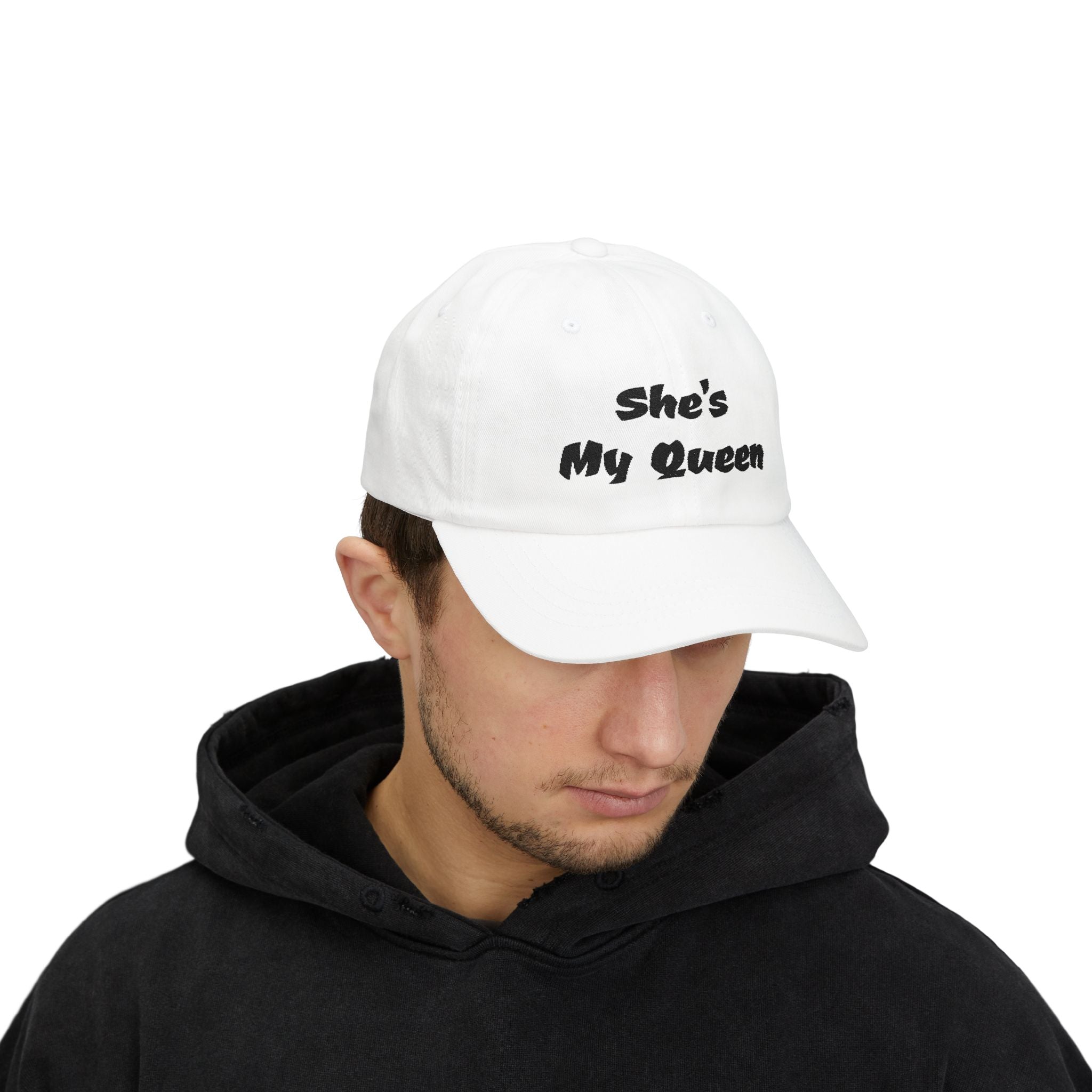 “She’s My Queen” White Embroidered Dad Cap — Couple Gift Baseball Hat